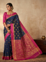 Semi Floral Print on Body Silk Blend Saree with Rani Pink Zari Border