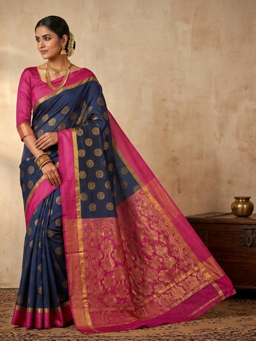 SA003-001 Semi Floral Print on Body Silk Blend Saree with Rani Pink Zari Border