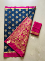 Semi Floral Print on Body Silk Blend Saree with Rani Pink Zari Border - Image 4