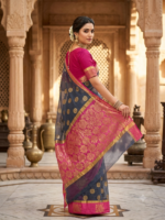 Semi Floral Print on Body Silk Blend Saree with Rani Pink Zari Border - Image 3