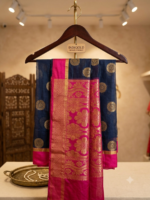 Semi Floral Print on Body Silk Blend Saree with Rani Pink Zari Border - Image 2