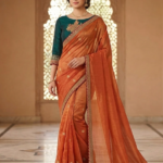 Coral Orange & Teal Blue Designer Silk Blend Saree with Embroidered Blouse