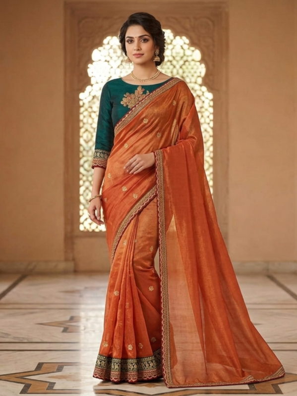 Coral Orange & Teal Blue Designer Silk Blend Saree with Embroidered Blouse