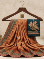 Coral Orange & Teal Blue Designer Silk Blend Saree with Embroidered Blouse - Image 5