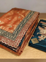 Coral Orange & Teal Blue Designer Silk Blend Saree with Embroidered Blouse - Image 4