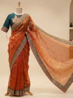 Coral Orange & Teal Blue Designer Silk Blend Saree with Embroidered Blouse - Image 3