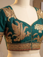 Coral Orange & Teal Blue Designer Silk Blend Saree with Embroidered Blouse - Image 2