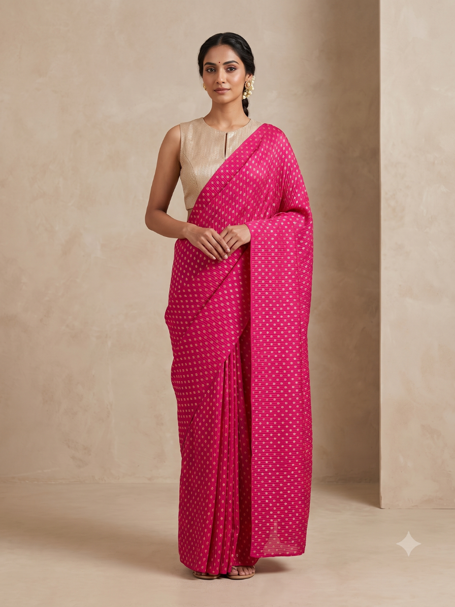SA007-2 Elegant Magenta Pink & Gold Woven Saree with Designer Blouse