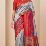 Elegant Red & Silver Floral Print Saree with Decorative Border