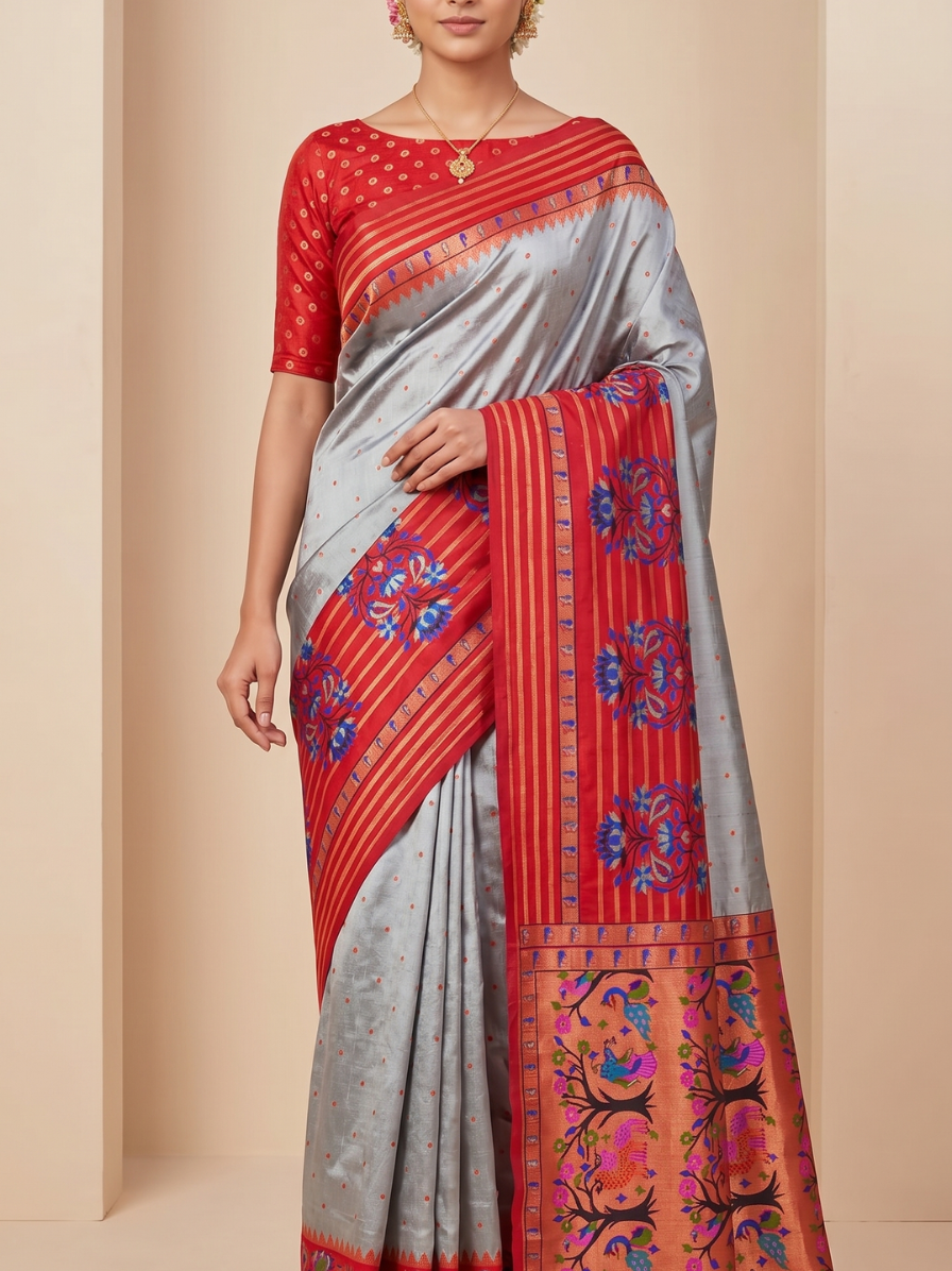 SA009-1 Elegant Red & Silver Floral Print Saree with Decorative Border - Image 1