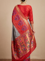 Elegant Red & Silver Floral Print Saree with Decorative Border
