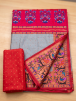 Elegant Red & Silver Floral Print Saree with Decorative Border - Image 4