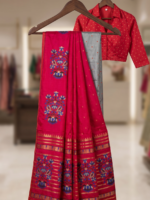 Elegant Red & Silver Floral Print Saree with Decorative Border - Image 3