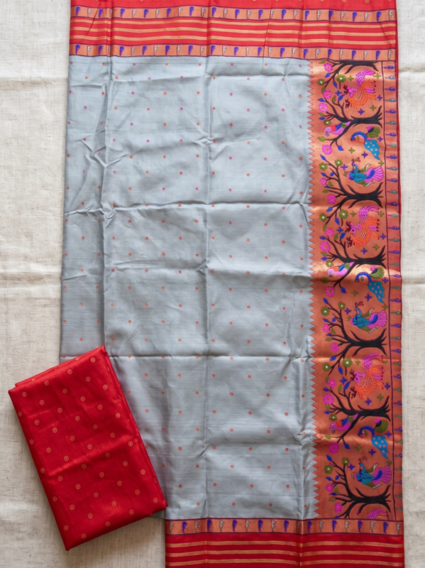 Elegant Red & Silver Floral Print Saree with Decorative Border