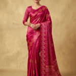 Elegant Magenta Pink Bandhani-Style Saree with Golden Motifs