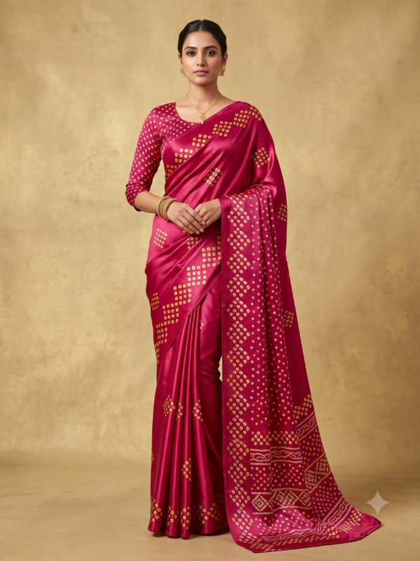 Elegant Magenta Pink Bandhani-Style Saree with Golden Motifs