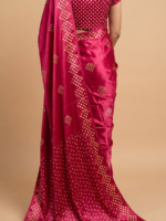Elegant Magenta Pink Bandhani-Style Saree with Golden Motifs - Image 4