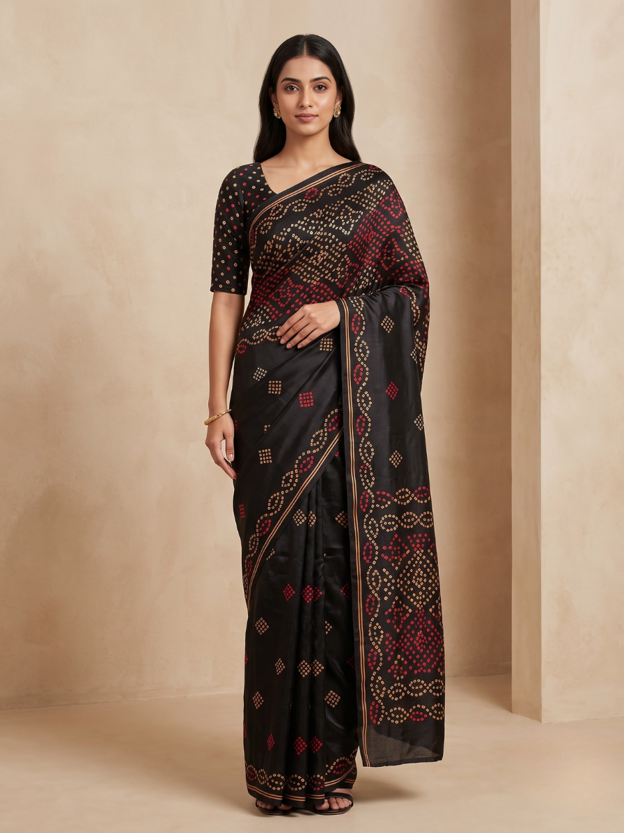SA012-2 Black Multicolour Bandhani Style Saree