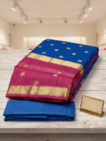 Royal Blue & Purple Handloom-Style Saree with Golden Floral Motifs