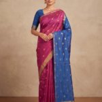 Royal Blue & Purple Handloom-Style Saree with Golden Floral Motifs