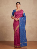 Royal Blue & Purple Handloom-Style Saree with Golden Floral Motifs