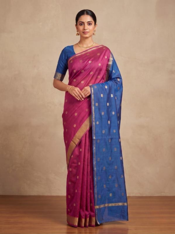 Royal Blue & Purple Handloom-Style Saree with Golden Floral Motifs