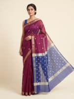 Royal Blue & Purple Handloom-Style Saree with Golden Floral Motifs - Image 2