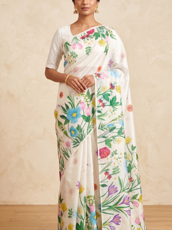 Garden Grace Ivory Botanical Print Saree