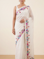 Folk Wings Ivory Linen-Silk Saree with Folk Art Motif Border