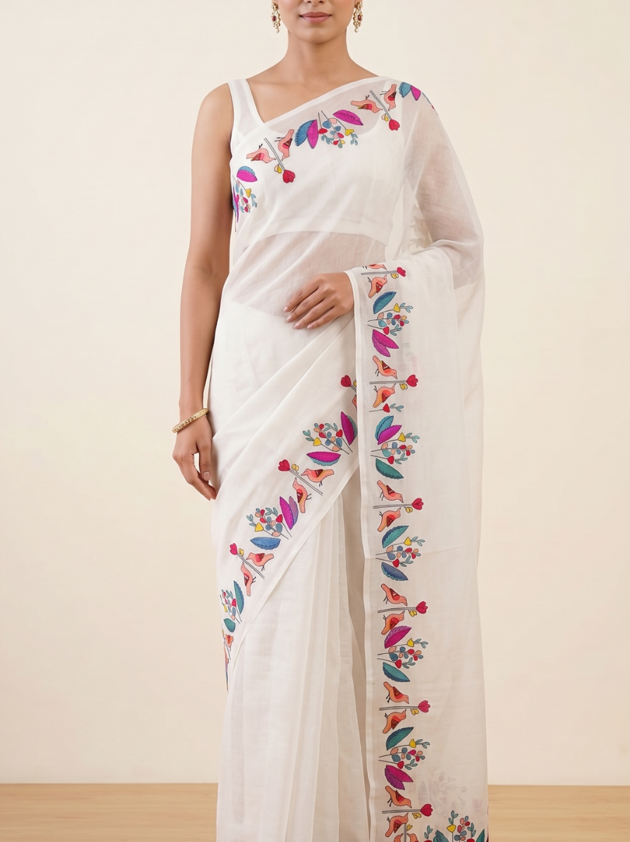 SA018-1 Folk Wings Ivory Linen-Silk Saree with Folk Art Motif Border