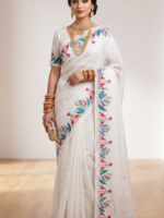 Folk Wings Ivory Linen-Silk Saree with Folk Art Motif Border - Image 4