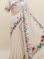 Folk Wings Ivory Linen-Silk Saree with Folk Art Motif Border - Image 2