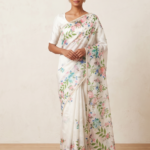 Off-White Linen Saree with Vintage Rose Print