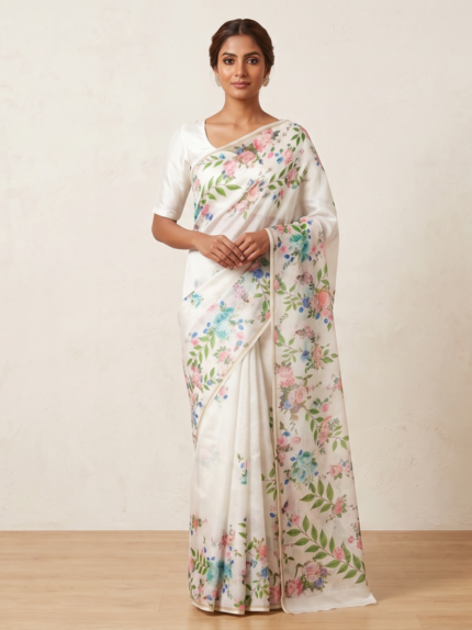 Off-White Linen Saree with Vintage Rose Print