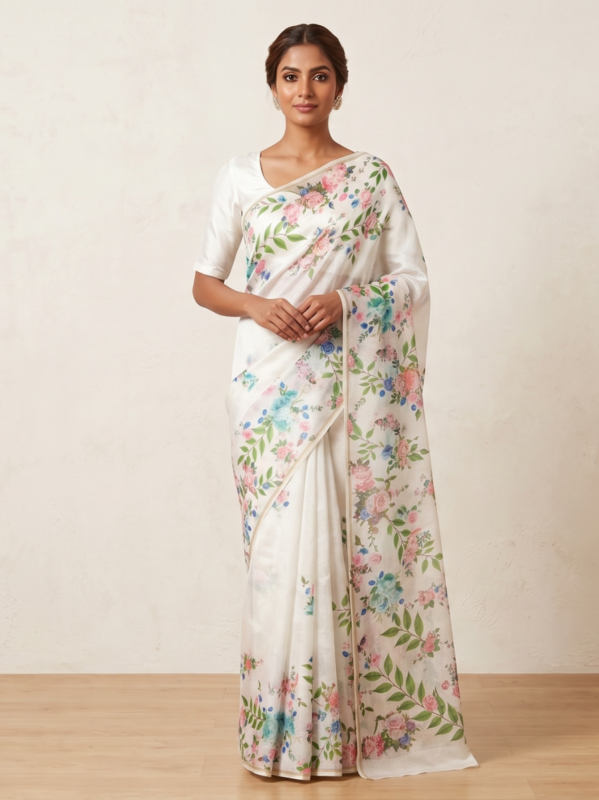 Off-White Linen Saree with Vintage Rose Print