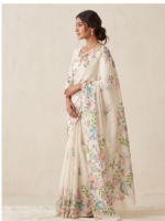 Off-White Linen Saree with Vintage Rose Print