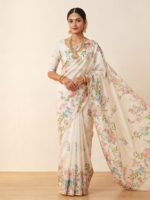 Off-White Linen Saree with Vintage Rose Print - Image 4