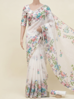 Off-White Linen Saree with Vintage Rose Print - Image 3