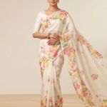 Off-White Linen Saree with Pink & Yellow Floral Print
