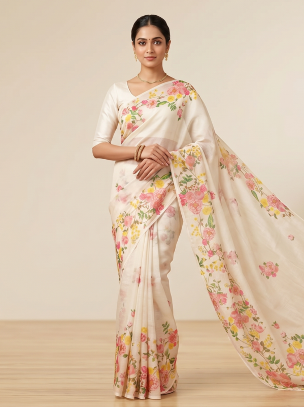 Off-White Linen Saree with Pink & Yellow Floral Print
