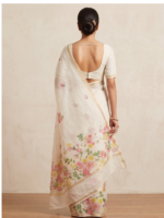 Off-White Linen Saree with Pink & Yellow Floral Print