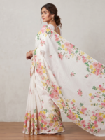 Off-White Linen Saree with Pink & Yellow Floral Print - Image 4