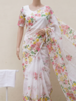 Off-White Linen Saree with Pink & Yellow Floral Print - Image 3